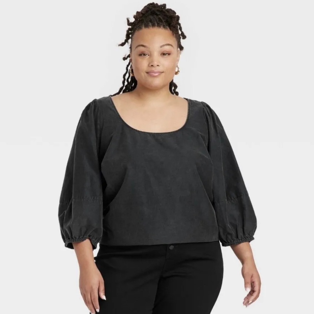 Ava & Viv Women's Plus Size 3/4 Balloon Sleeve Black Print  NWT Washed  Fabric
